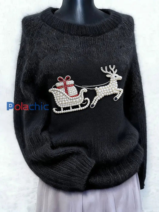 Cadeau de renne de Noël vintage pour femme avec perle Art Print Pull à manches longues Noir / S
