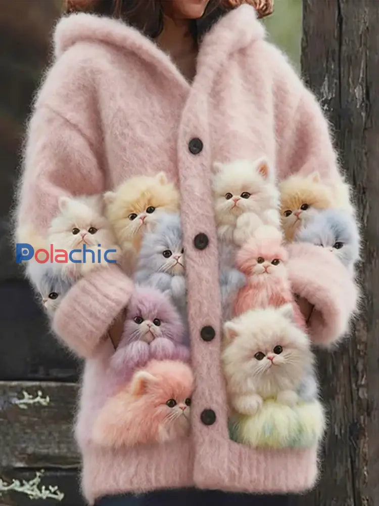 Cardigan à capuche confortable pour femmes Chats colorés Fuzzy Rose / S