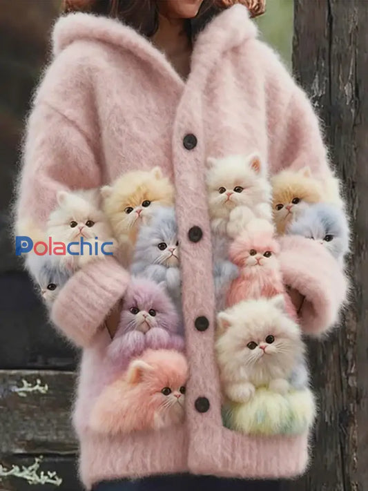 Cardigan à capuche confortable pour femmes Chats colorés Fuzzy Rose / S