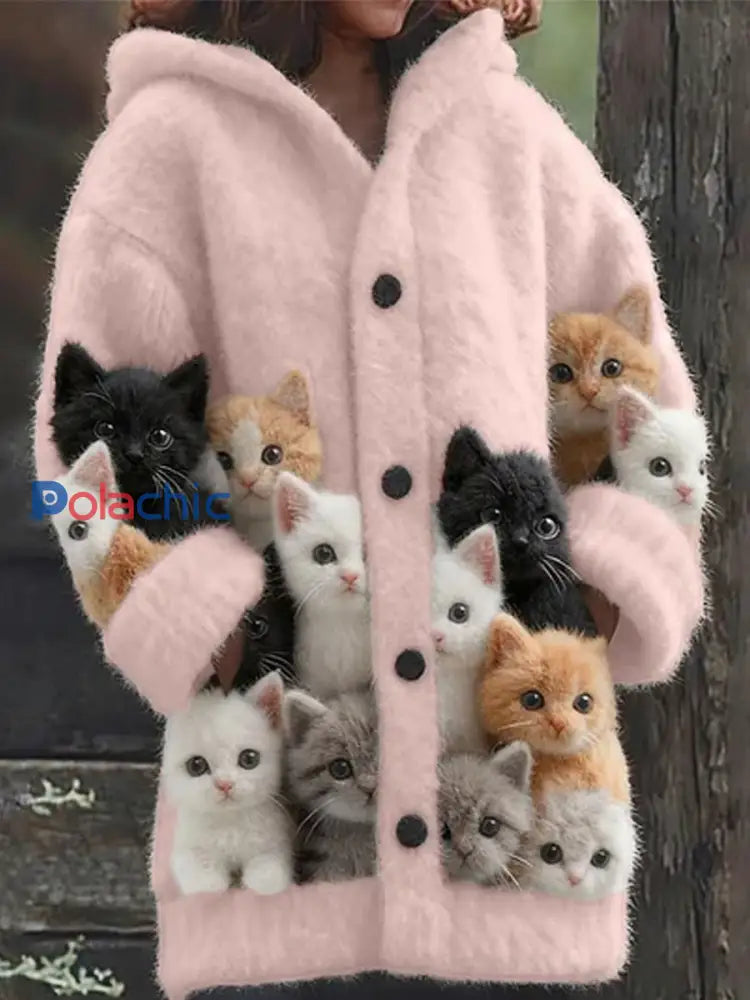 Cardigan à capuche confortable pour femmes Chats colorés Fuzzy Rose / S