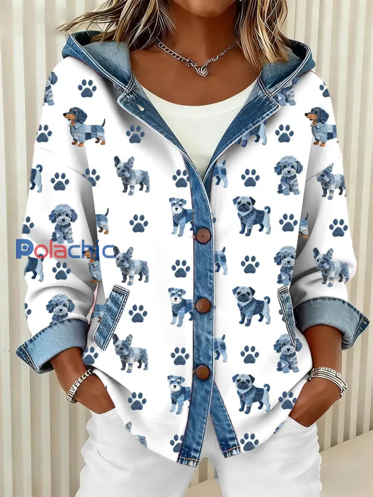 Cardigan à capuche en patchwork en denim pour femmes Blanc / S