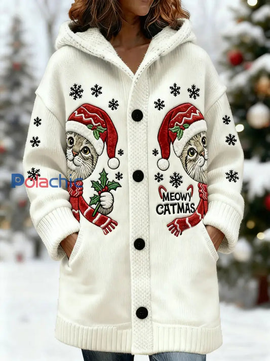 Cardigan à capuche mi-long décontracté à imprimé chat de Noël pour femmes Blanc-Crémeux / S