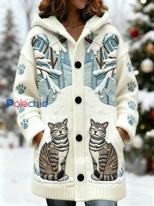 Cardigan à capuche mi-long à imprimé chat mignon femme Blanc-Crémeux / S