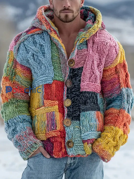 Cardigan à capuche rétro imprimé couleur bloc pour hommes comme image / S