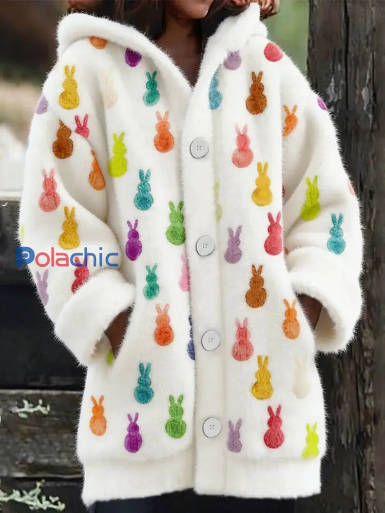Cardigan à capuchon mignon de lapin de flanelle des femmes Blanc / S