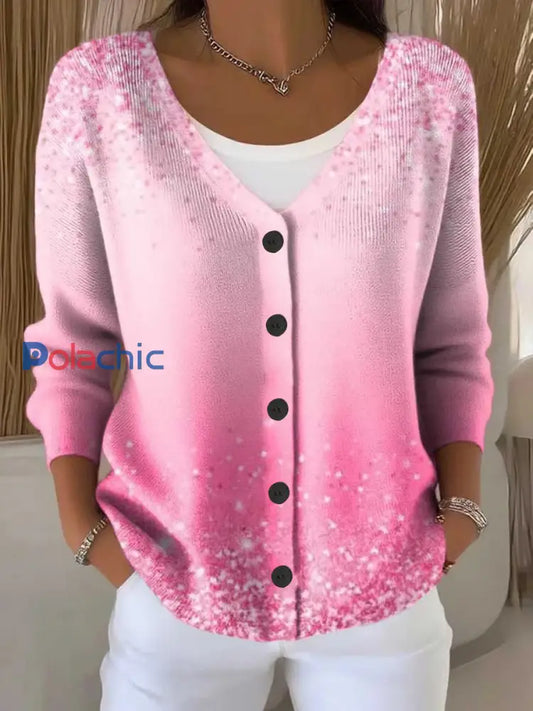 Cardigan à col en V boutonné imprimé pour femmes sensibilisation au cancer du sein comme image / S
