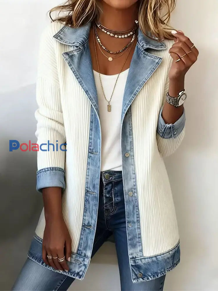 Cardigan décontracté à la mode patchwork pour femmes Blanc / S