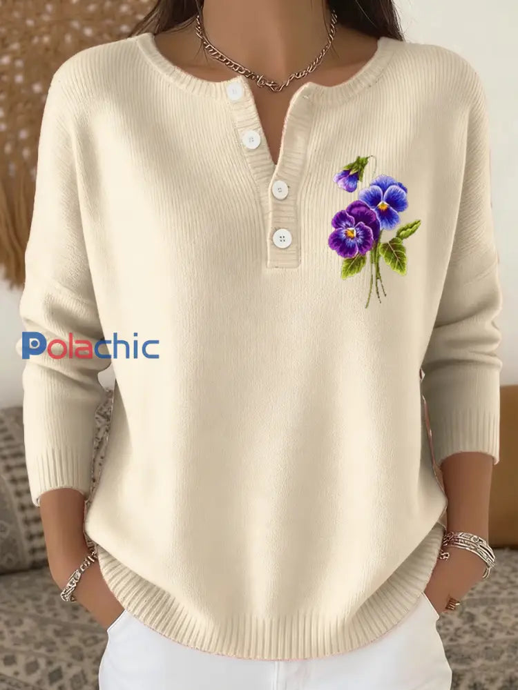 Cardigan décontracté à manches longues à fleurs violettes pour femmes blanc cassé / S