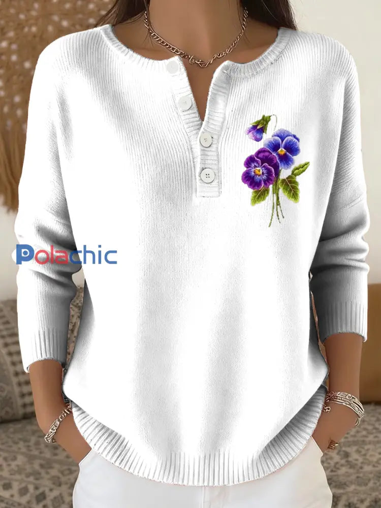 Cardigan décontracté à manches longues à fleurs violettes pour femmes blanc / S