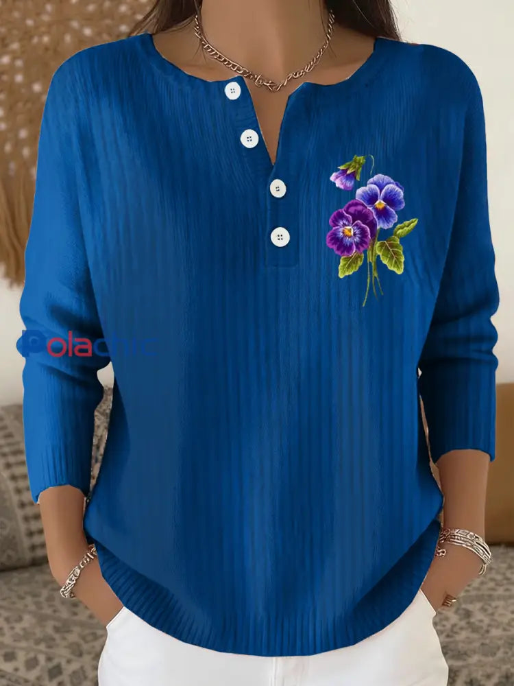 Cardigan décontracté à manches longues à fleurs violettes pour femmes bleu / S