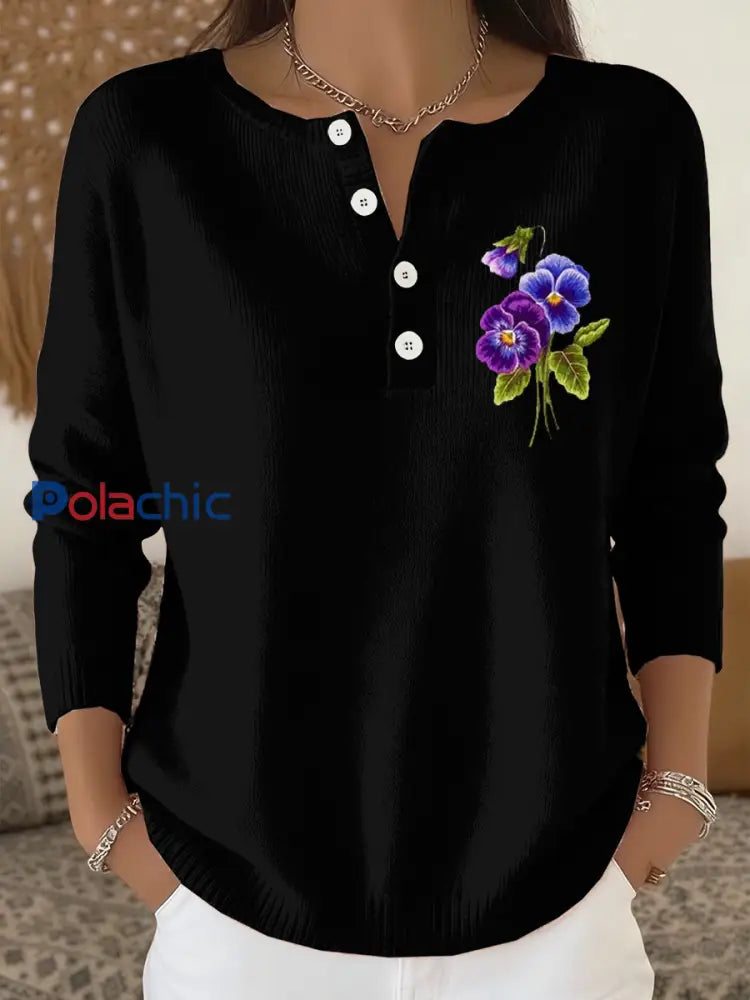 Cardigan décontracté à manches longues à fleurs violettes pour femmes noir / S