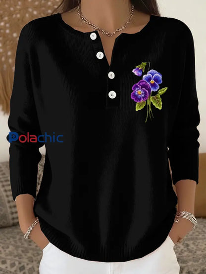 Cardigan décontracté à manches longues à fleurs violettes pour femmes noir / S