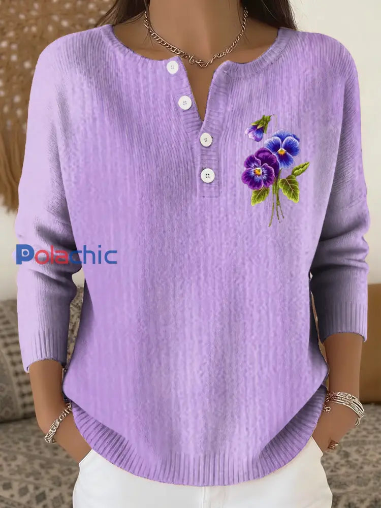 Cardigan décontracté à manches longues à fleurs violettes pour femmes violet clair / S