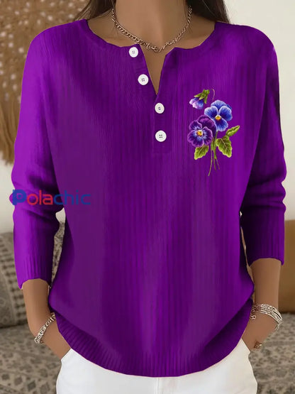Cardigan décontracté à manches longues à fleurs violettes pour femmes violet foncé / S