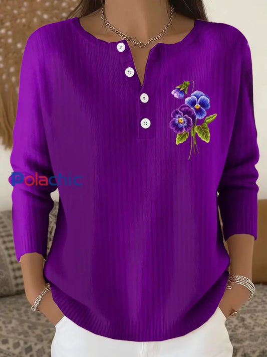 Cardigan décontracté à manches longues à fleurs violettes pour femmes violet foncé / S