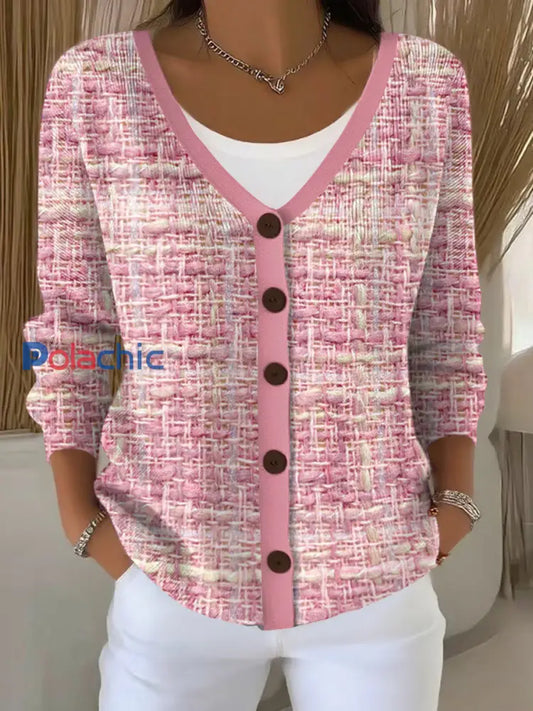 Cardigan Décontracté Femme Rose Imprimé Carreaux Rose / S