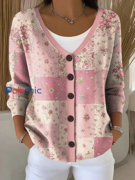 Cardigan Décontracté Femme Rose Imprimé Floral Rose / S