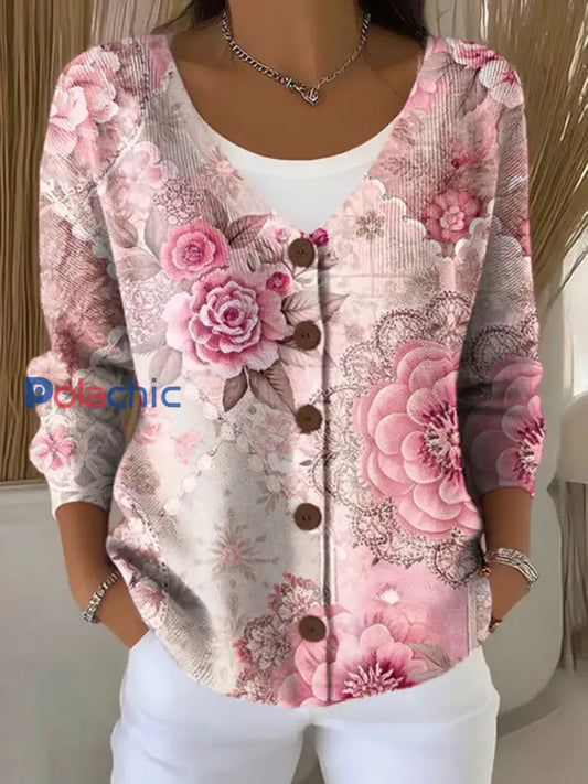 Cardigan Décontracté Femme Rose Imprimé Floral Rose / S