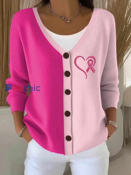 Cardigan Décontracté Femme Rose Ruban Imprimé Sensibilisation au Cancer du Sein Rose / S