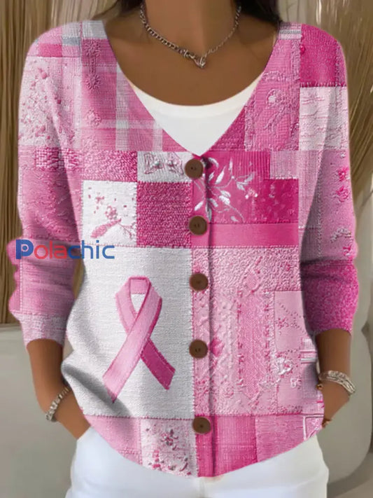Cardigan Décontracté Femme Rose Ruban Imprimé Sensibilisation au Cancer du Sein Rose / S