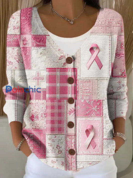 Cardigan Décontracté Femme Rose Ruban Imprimé Sensibilisation au Cancer du Sein Rose / S