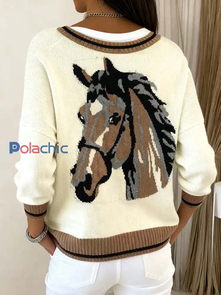 Cardigan en tricot confortable à motif de cheval vintage pour femme Abricot / S