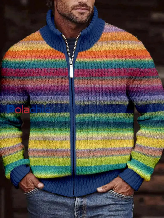 Cardigan en tricot confortable à rayures colorées pour hommes comme image / S