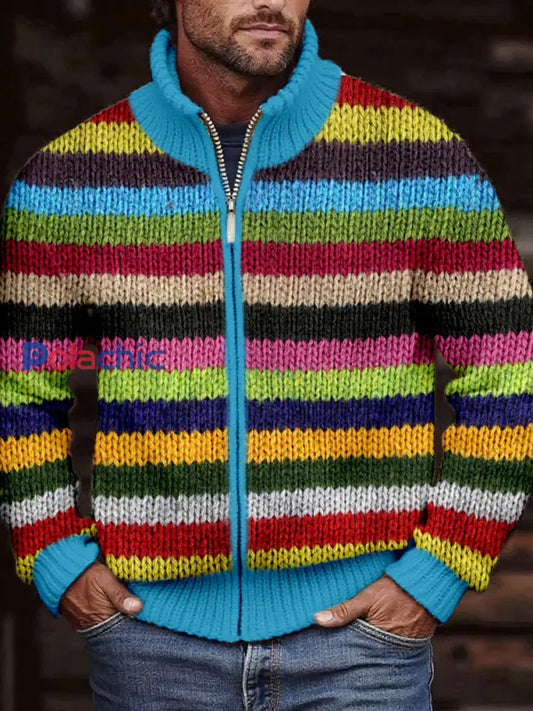 Cardigan en tricot confortable à rayures multicolores pour hommes comme image / S