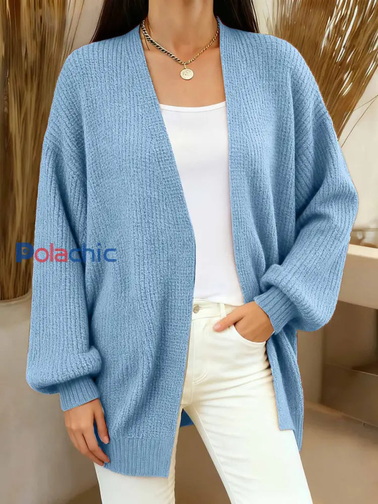 Cardigan en tricot confortable de couleur unie simple pour femmes Bleu clair / S