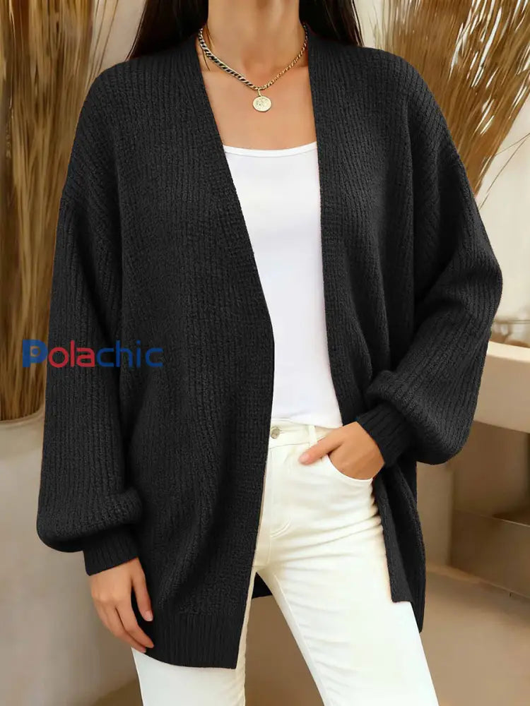 Cardigan en tricot confortable de couleur unie simple pour femmes Noir / S