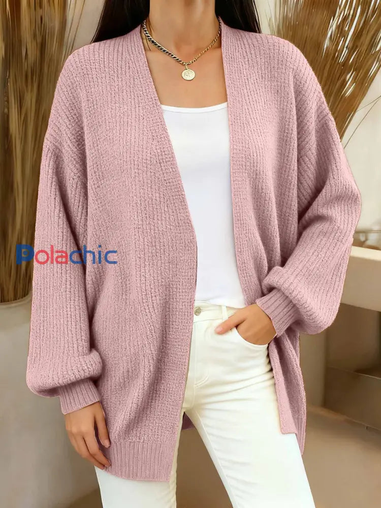 Cardigan en tricot confortable de couleur unie simple pour femmes Rose / S