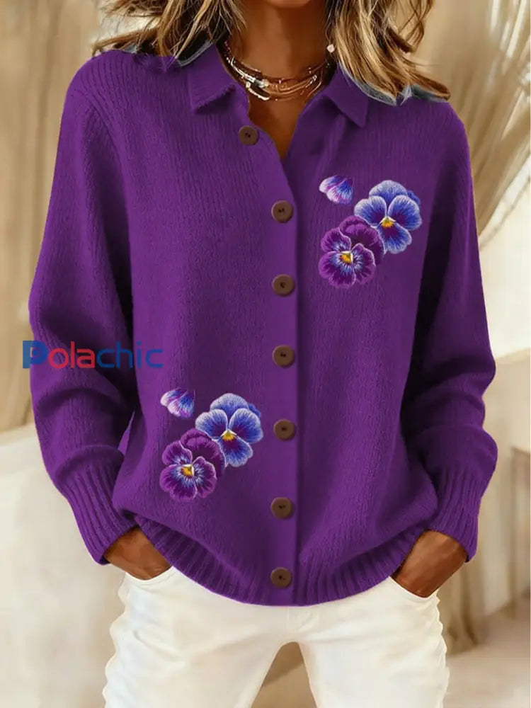 Cardigan en tricot de bouton à revers violet pour femmes Violet / S