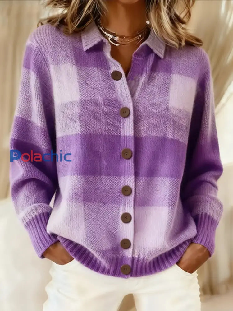 Cardigan en tricot de bouton à revers violet pour femmes Violet / S