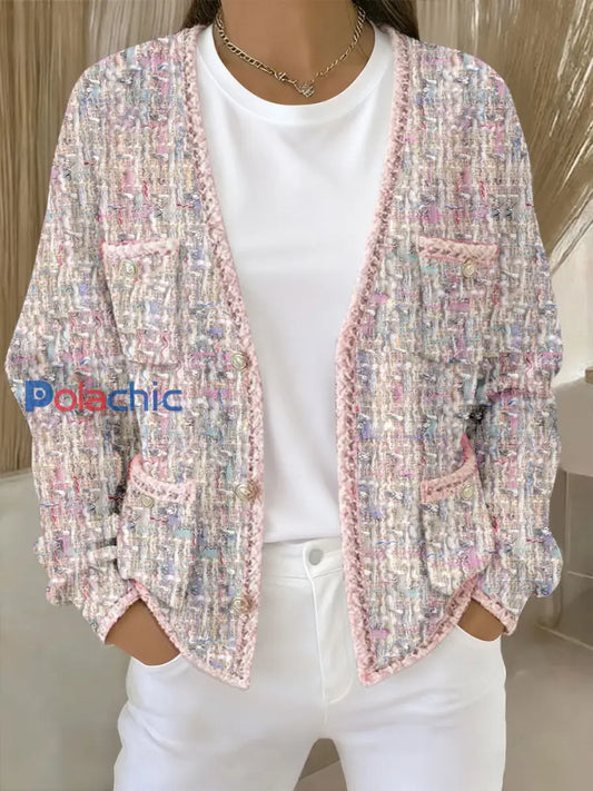 Cardigans Femme Rose Imprimé Géométrique Avec Poche Rose / S