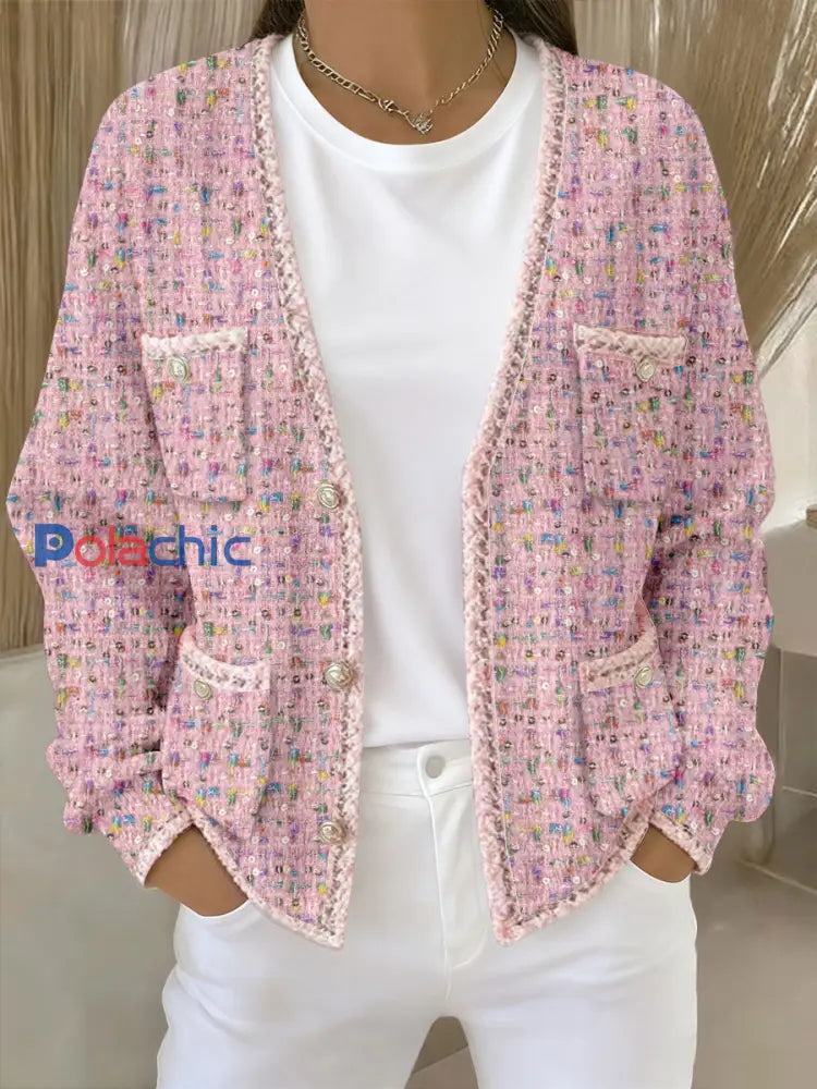Cardigans Femme Rose Imprimé Géométrique Avec Poche Rose / S