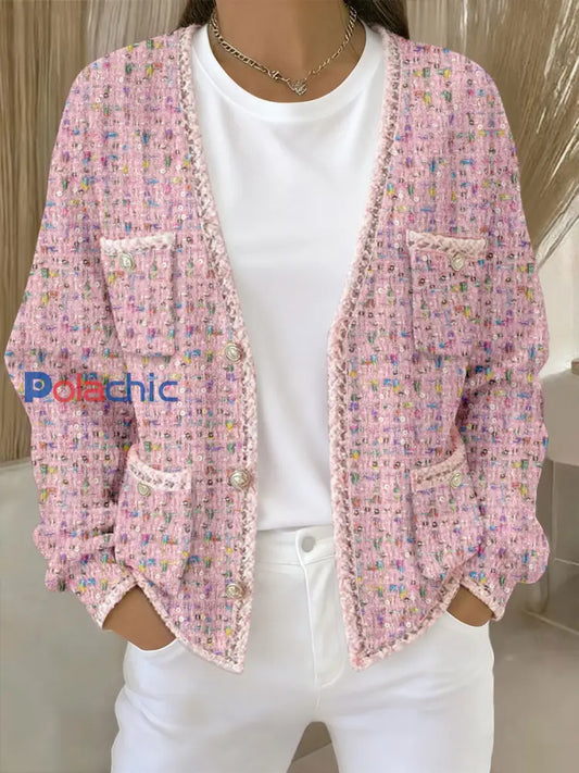 Cardigans Femme Rose Imprimé Géométrique Avec Poche Rose / S