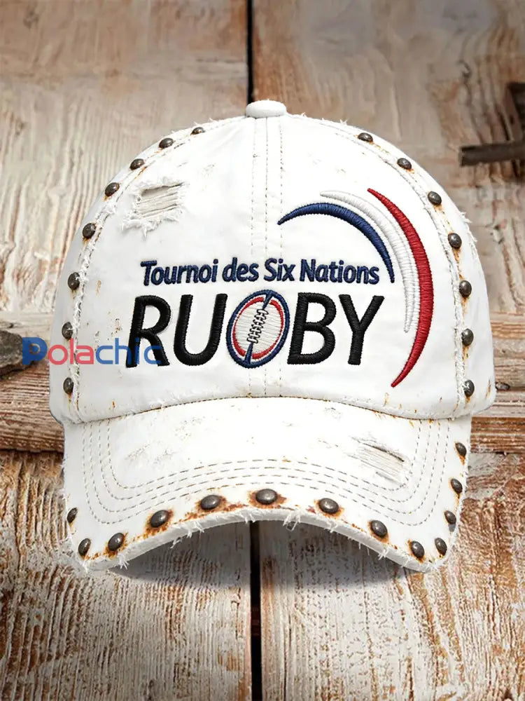 Casquette de Rugby Française Six Nations Rivet Imprimée Blanche Vintage Blanc / 58CM
