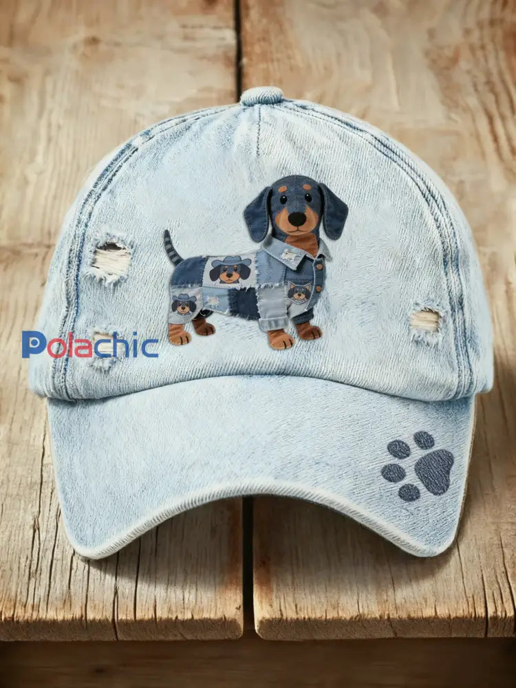 Casquette délavée à imprimé cowboy teckel mignon rétro Bleu / ONE