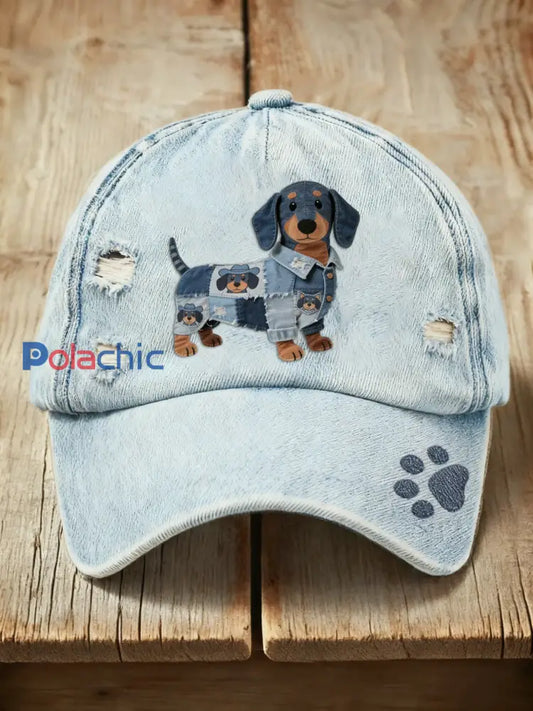Casquette délavée à imprimé cowboy teckel mignon rétro Bleu / ONE