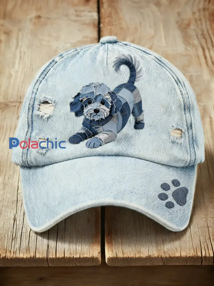 Casquette délavée à imprimé denim de chien mignon rétro Bleu / ONE