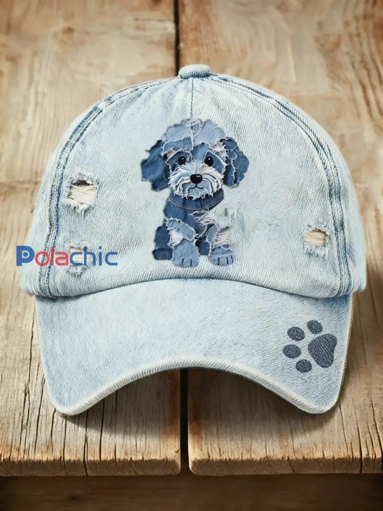 Casquette délavée à imprimé denim de chien mignon rétro Bleu / ONE