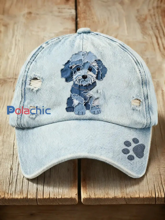 Casquette délavée à imprimé denim de chien mignon rétro Bleu / ONE