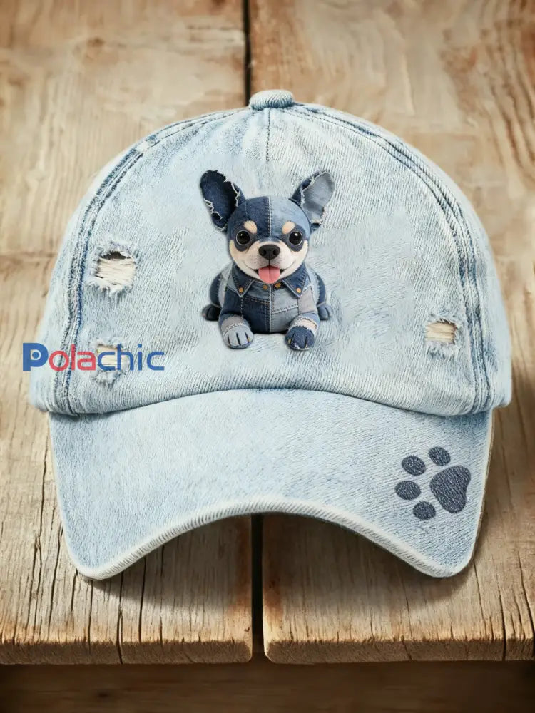 Casquette délavée imprimée cowboy Chihuahua de chien mignon rétro Bleu / ONE
