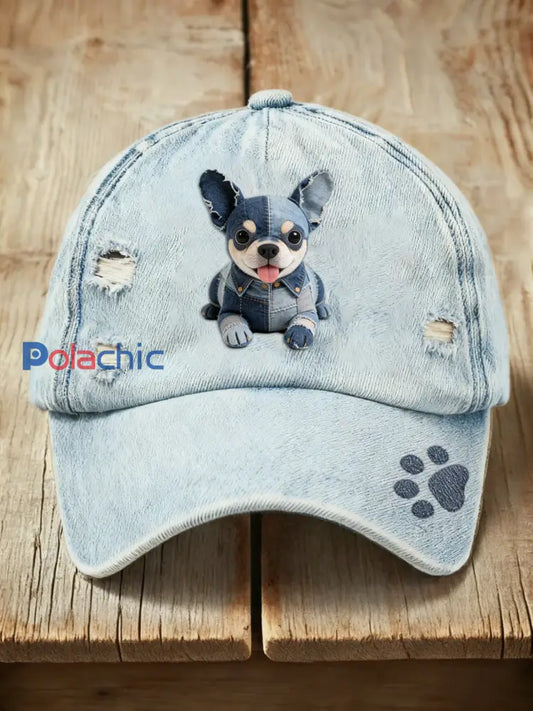 Casquette délavée imprimée cowboy Chihuahua de chien mignon rétro Bleu / ONE