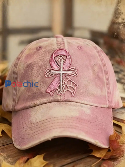 Casquette lavée brodée rétro cancer du sein Rose / ONE