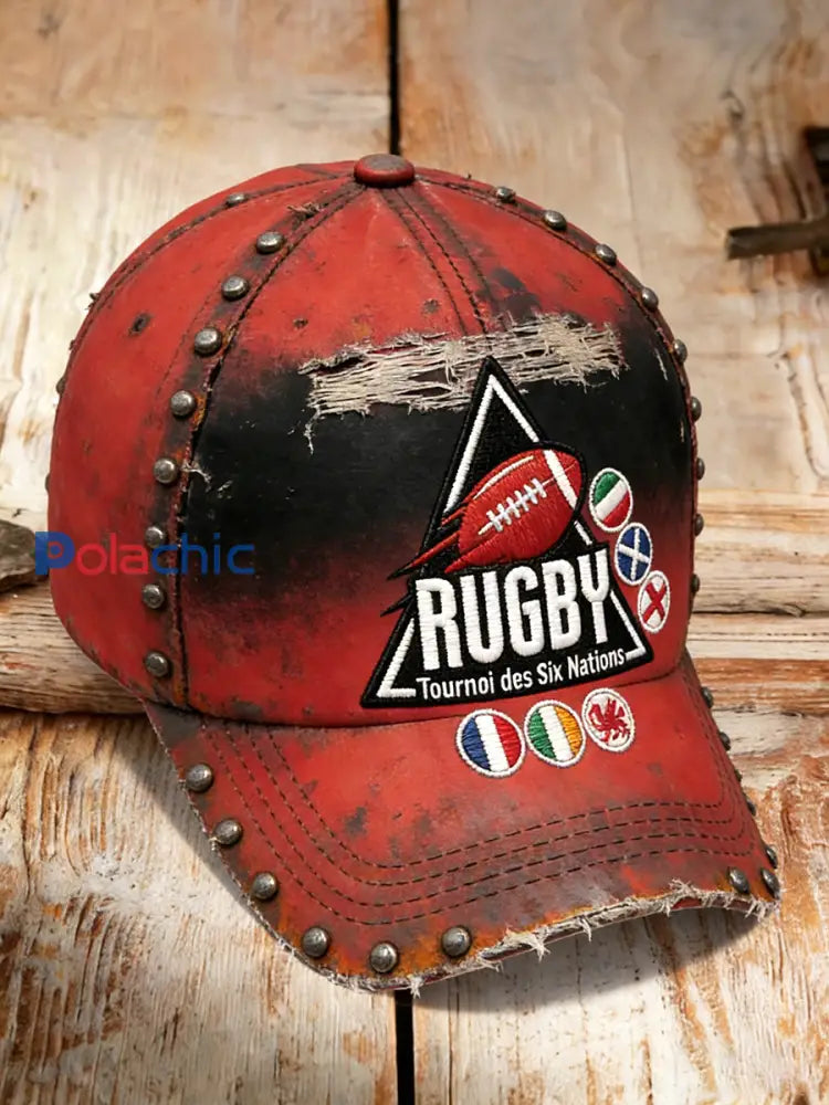Casquette Vintage Style Punk Rugby Six Nations Rivet Print rouge profond / 58CM