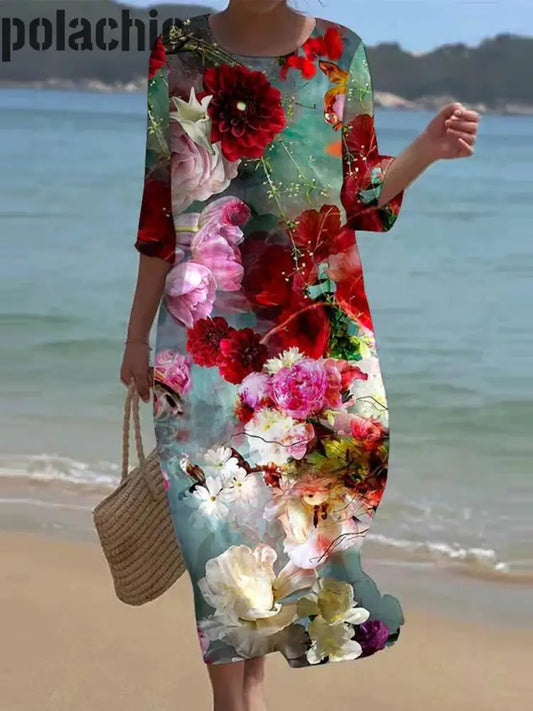 Casual Col Rond Floral Art Print Manches Courtes Midi Robe Des Femmes