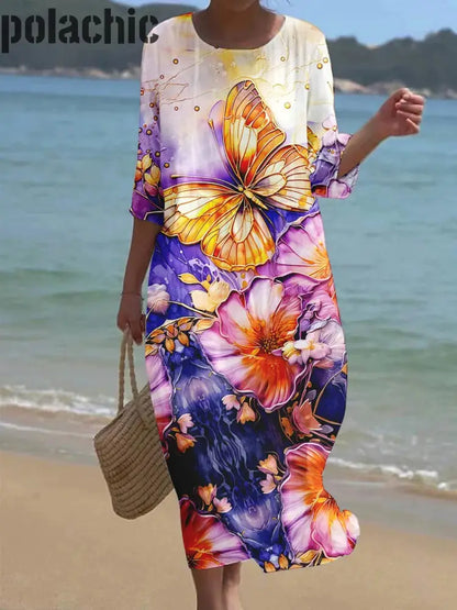 Casual Col Rond Floral Art Print Manches Courtes Midi Robe Des Femmes A / S