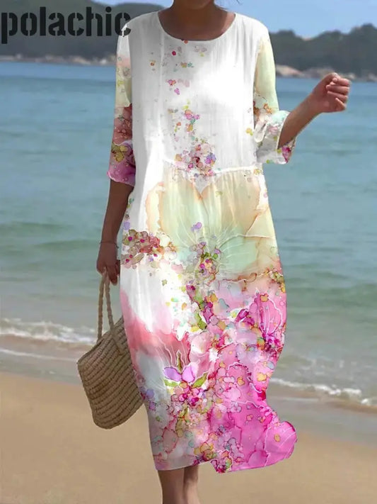 Casual Col Rond Floral Art Print Robe Élégante Des Femmes A / S