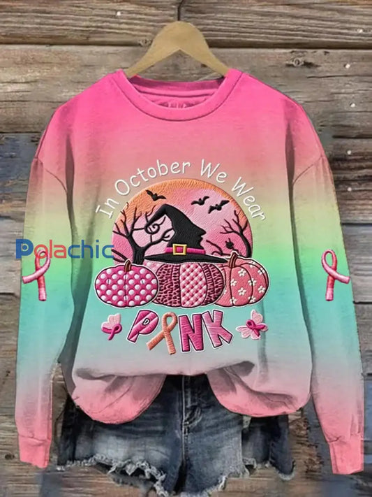 Casual Vintage Octobre des femmes nous portons rose sorcière citrouille Sweatshirt comme image / S
